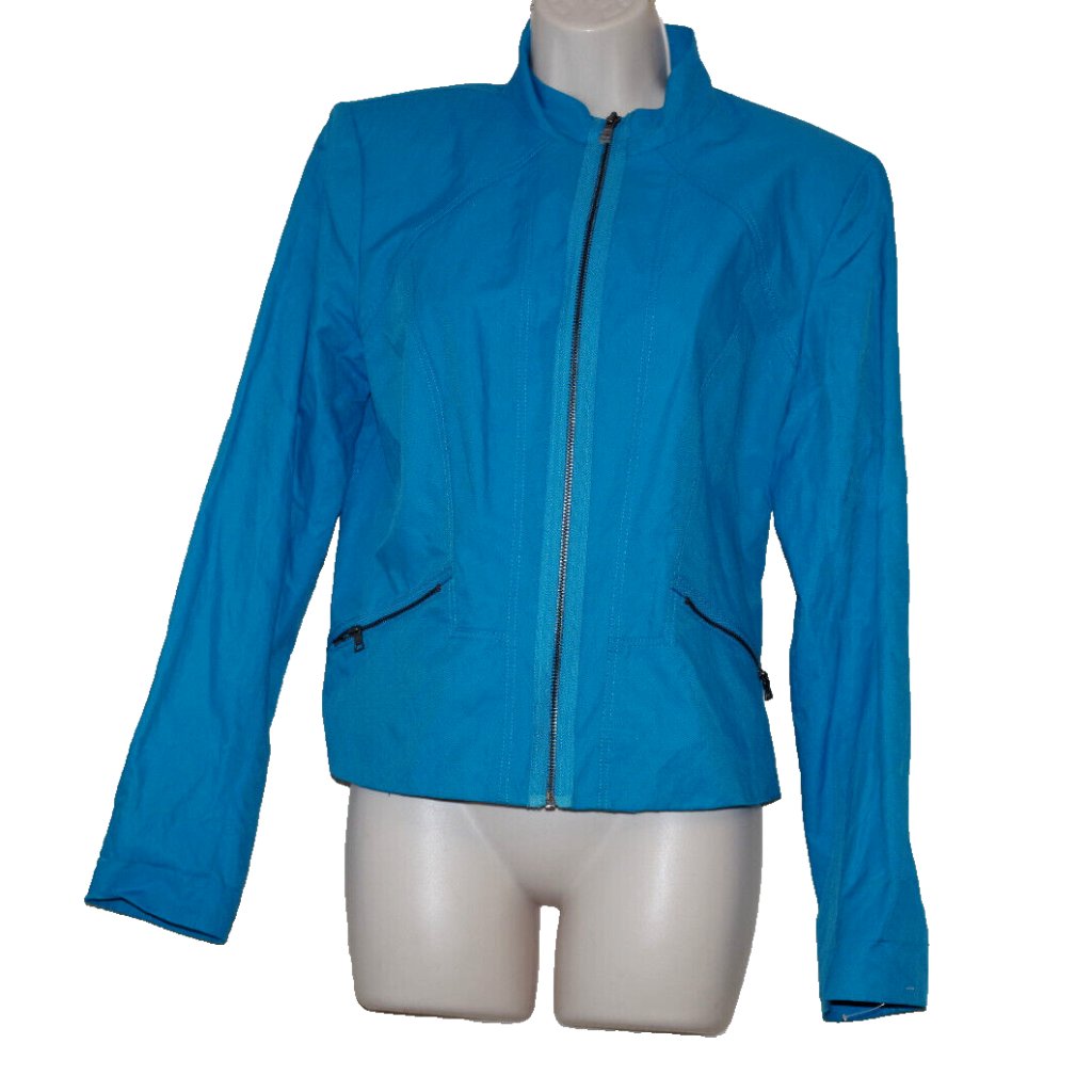 T Tahari Blue Cotton Blend Zip Jacket Size:L